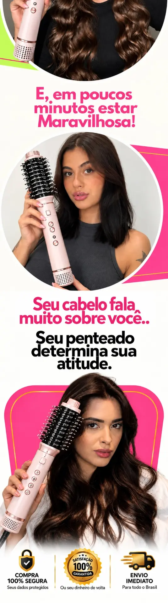 Resultado da escova modeladora 5 em 1 no cabelo e selos de compra segura