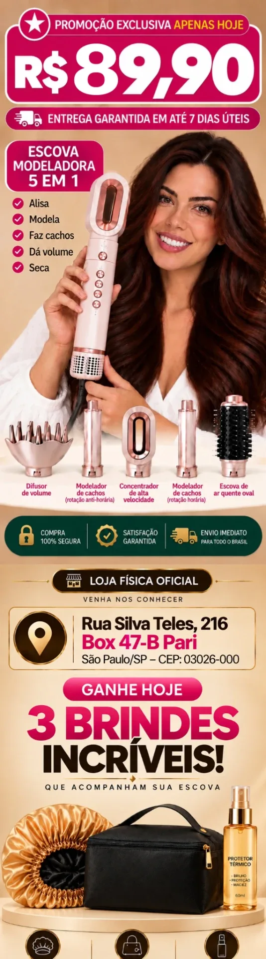 Escova modeladora 5 em 1 por R$ 89,90 com acessórios e 3 brindes
