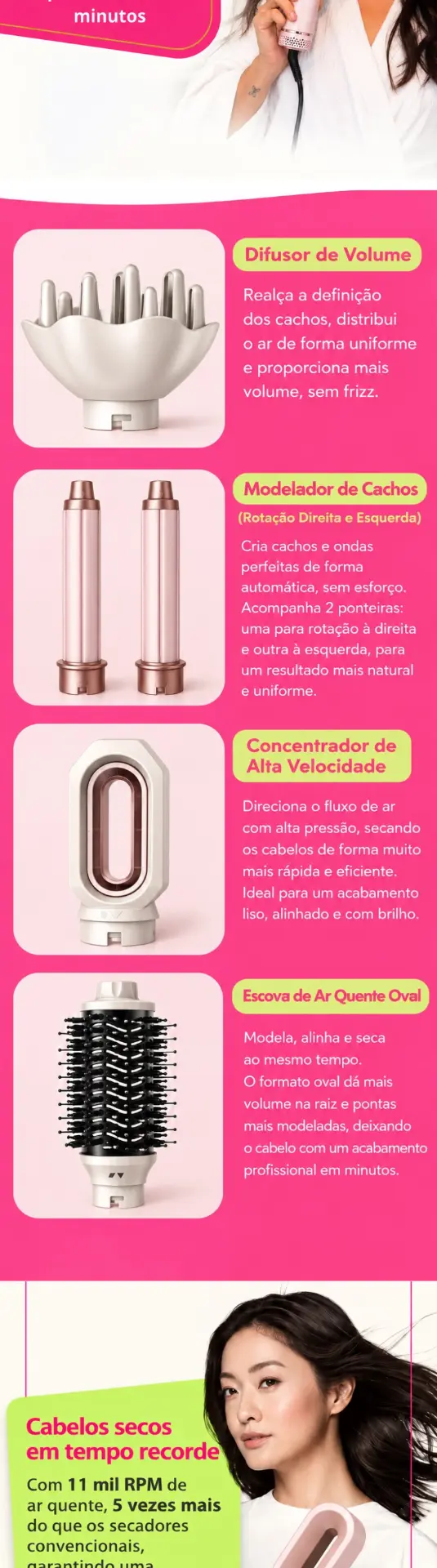 Acessórios da escova modeladora: difusor, modeladores de cachos, concentrador e escova oval