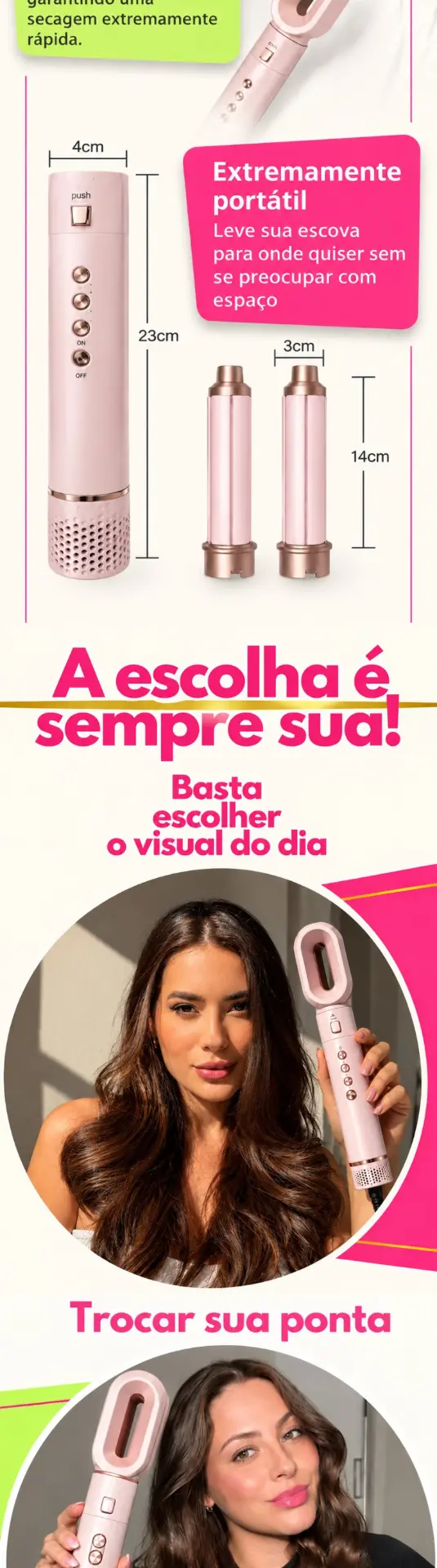 Medidas da escova modeladora 5 em 1 portátil e fotos de uso